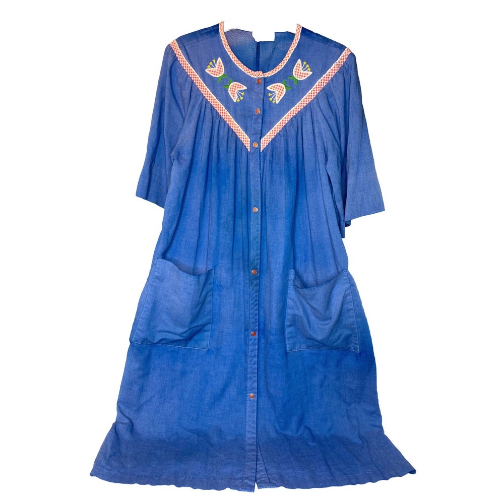 Smart Time MuuMuu House Dress Womens Large  Blue Pockets Pink Pearl Snap
